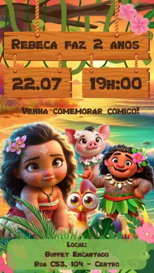 Convite de Aniversário Moana Baby Tropical para Editar Online