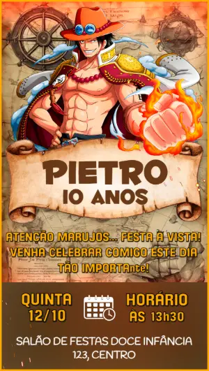 Convite Aniversário One Piece Pirata para Editar Online