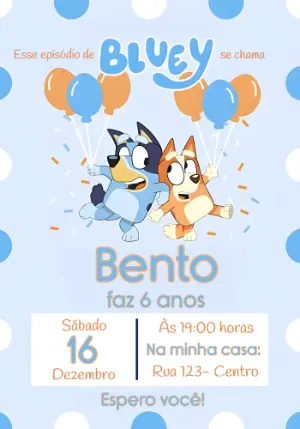 Convite de Aniversário Bluey e Bingo Colorido para Editar