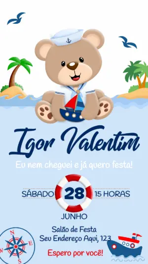 Convite Chá de Bebê Ursinho Marinheiro para Editar Online
