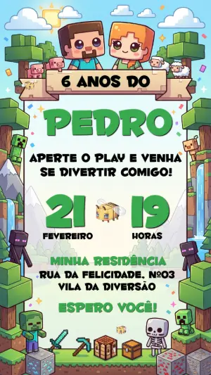 Convite de Aniversário Infantil Minecraft Editável para Enviar