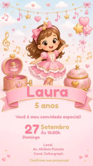 Convite Editável Aniversário Caixinha de Música Bailarina