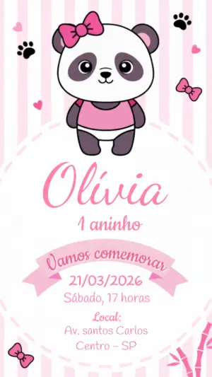 Convite de Aniversário Digital Tema Panda Rosa para Editar