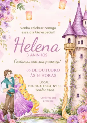 Convite de Aniversário Rapunzel Enrolados Aquarela Editável