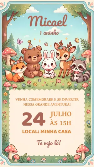 Convite de Aniversário Bosque Encantado Fofo para Editar