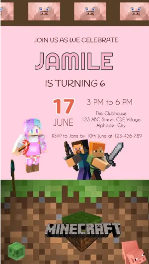 Pink Minecraft Video Invitation for Birthday | Editable Template