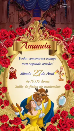 Convite Animado A Bela e a Fera para Aniversário Editável
