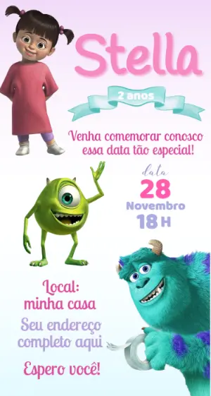 Convite de Aniversário Monstros S.A. Menina Editável