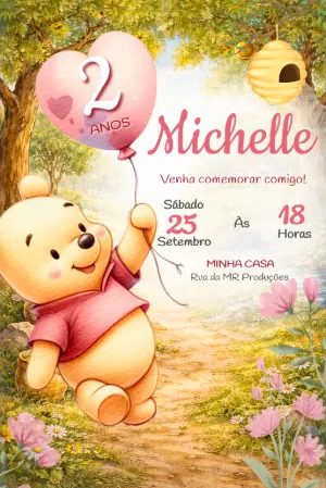 Convite Digital Aniversário Ursinho Pooh Aquarela Editável