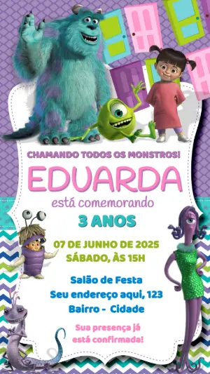 Convite Aniversário Monstros SA com Personagens para Editar