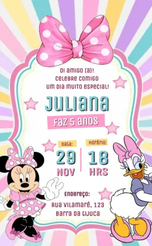 Convite de Aniversário Minnie e Margarida Rosa para Editar