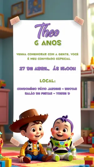 Convite de Aniversário Toy Story com Personagens para Editar