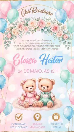 Convite Chá Revelação Ursinhos Aquarela Editável