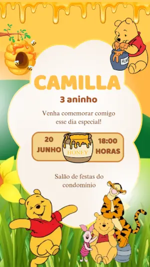 Convite de Aniversário Ursinho Pooh Fofo para Editar