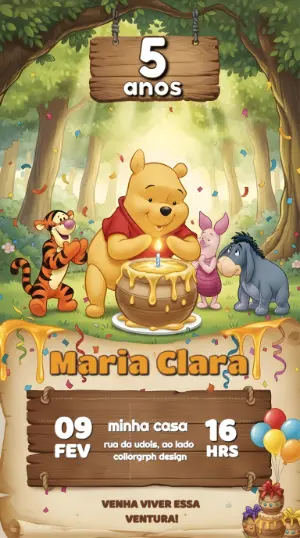 Convite de Aniversário Ursinho Pooh no Bosque para Editar