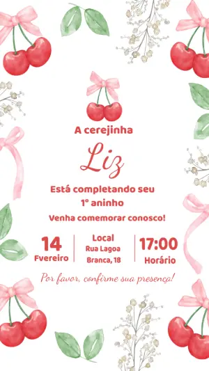 Convite de Aniversário Tema Cerejinha Aquarela para Editar