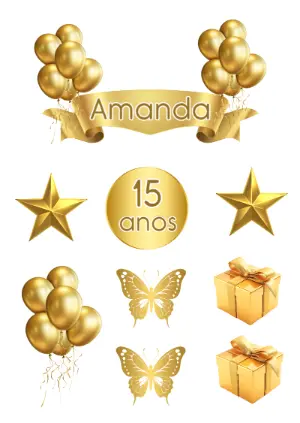 Topper de Bolo 15 Anos Dourado para Editar Online