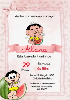 Convite de Aniversário Magali Melancia Rosa para Editar Online