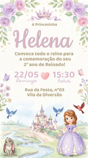 Convite Aniversário Princesinha Sofia Aquarela Editável