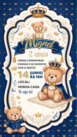 Convite de Aniversário Ursinho Príncipe Azul e Dourado Editável