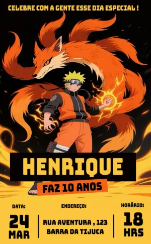Convite de Aniversário Naruto Laranja e Preto para Editar