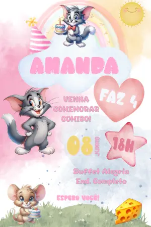 Convite Aniversário Tom e Jerry Aquarela para Editar Online