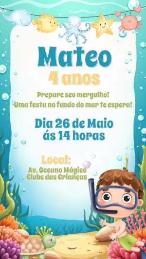 Convite de Aniversário Fundo do Mar para Editar Online