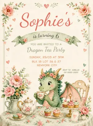 Cute Dragon Tea Party Birthday Invitation Template
