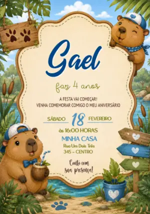 Convite de Aniversário Infantil Capivara Modelo Editável