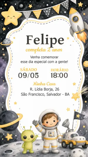 Convite de Aniversário Astronauta Infantil para Editar Online