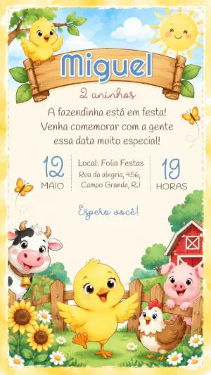 Convite de Aniversário Fazendinha Aquarela Editável