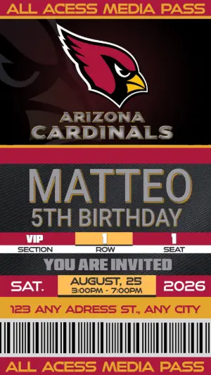 Editable Football Ticket Birthday Invitation Arizona Cardinals
