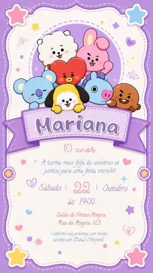 Convite Aniversário BT21 Lilás e Roxo Modelo Editável