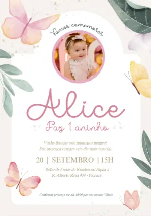Convite Aniversário Borboleta com Foto para Editar Online