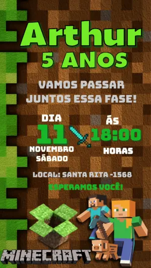 Convite de Aniversário Minecraft Editável para Menino