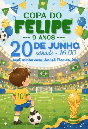 Convite de Aniversário Copa do Mundo Futebol Brasil
