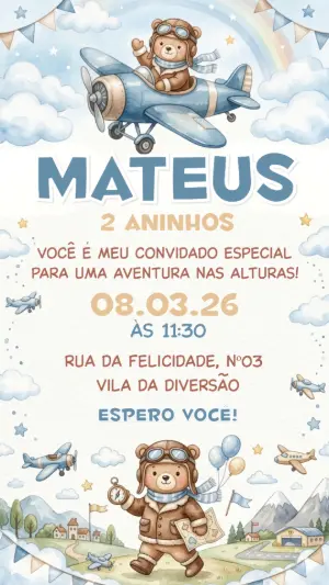 Convite de Aniversário Ursinho Aviador Aquarela Editável