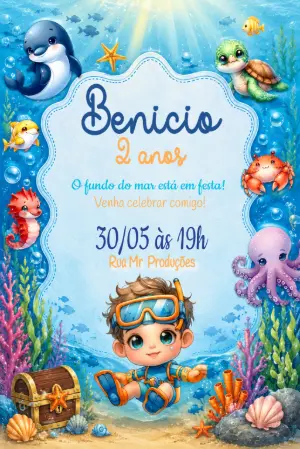 Convite de Aniversário Fundo do Mar Infantil Editável