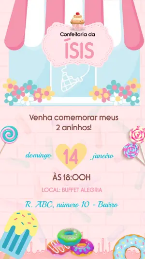 Convite Digital Confeitaria Rosa e Colorido para Editar