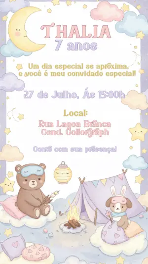 Convite Festa do Pijama Ursinhos no Céu para Editar Online