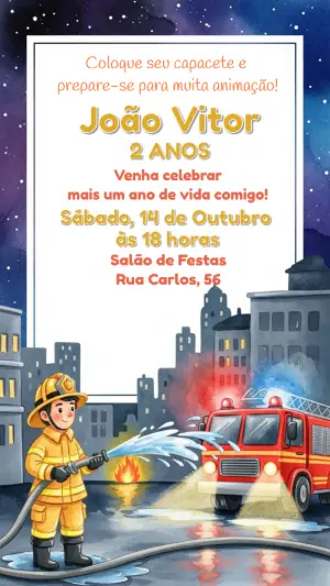 Convite de Aniversário Bombeiro com Caminhão para Editar