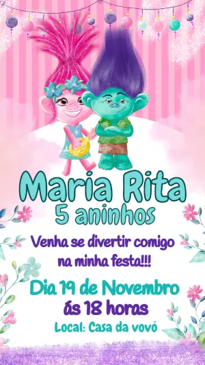 Convite de Aniversário Trolls Colorido para Editar
