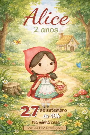 Convite Aniversário Chapeuzinho Vermelho Aquarela Editável