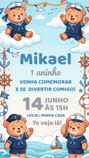 Convite de Aniversário Ursinho Marinheiro Editável
