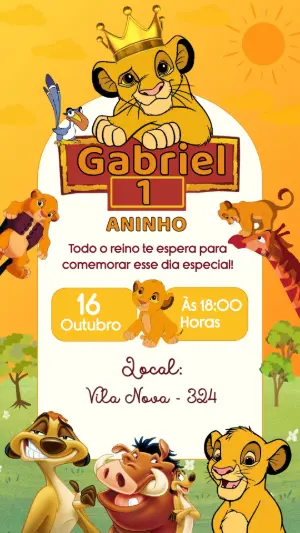 Convite de Aniversário Rei Leão Editável com Simba Bebê