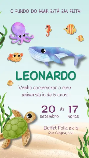 Convite de Aniversário Fundo do Mar com Animais para Editar