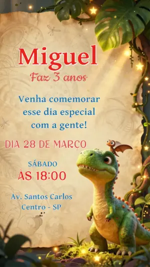 Convite de Aniversário Dinossauro Fofo para Editar e Enviar