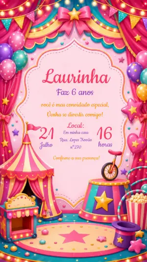 Convite Digital Aniversário Tema Circo Rosa Editável