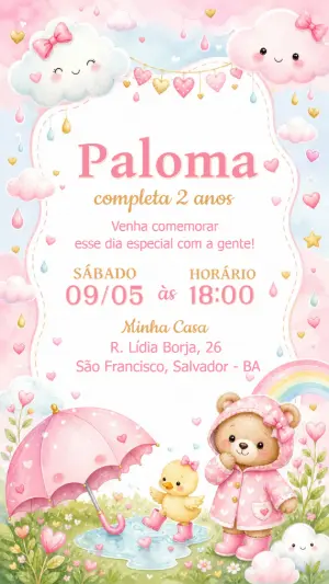 Convite Aniversário Ursinha Chuva de Amor Editável