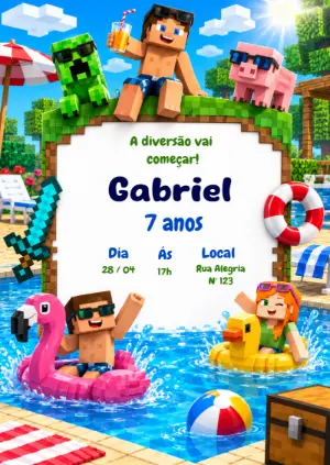 Convite Aniversário Minecraft Piscina: Modelo Editável Online